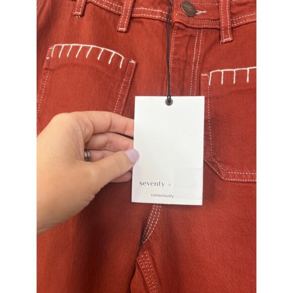 NWT Seventy + Mochi Mabel Jean Patch Pocket High Rise Wide Leg Dark Rust - Picture 4 of 8